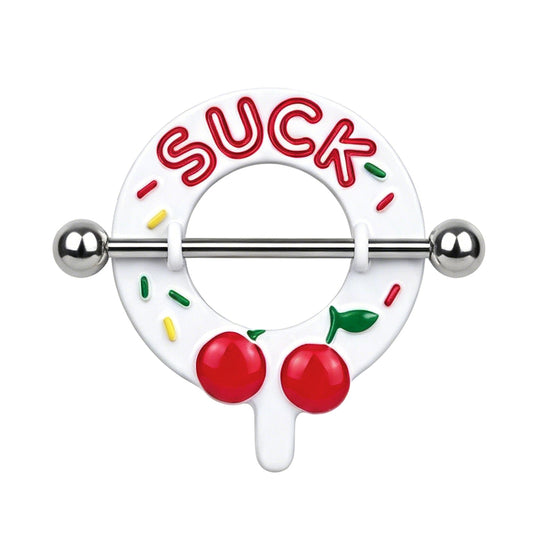 Front view of a 14G nipple shield ring featuring a white dripping donut design with a red SUCK slogan, sprinkles, and two red cherries on a titanium bar.