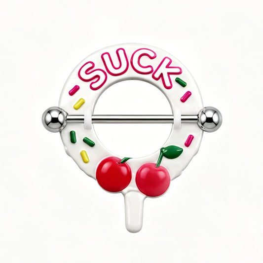 White donut-shaped nipple shield with "SUCK" text and cherry design.