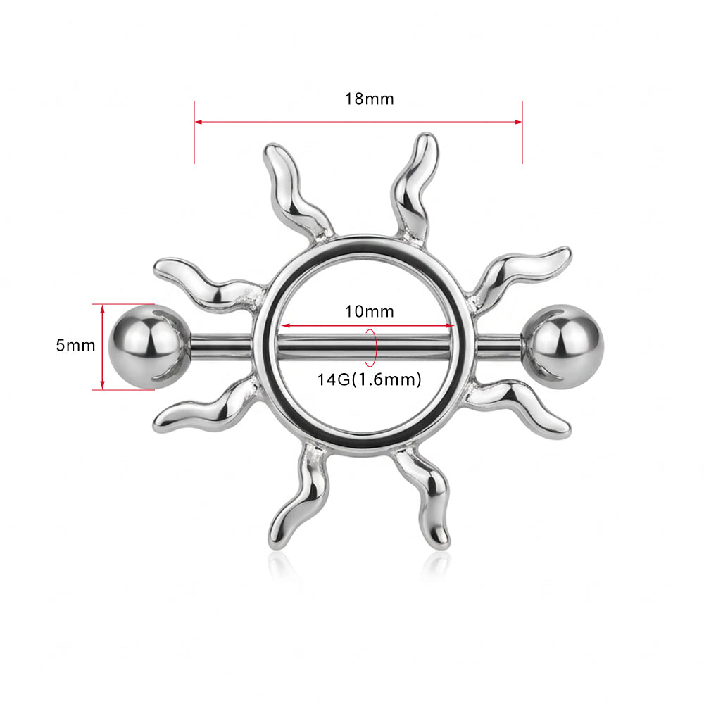 Product diagram of the sun-shaped nipple shield on image_9.png, with red dimension lines and text indicating measurements of 18mm, 10mm, 5mm, and gauge size 14G (1.6mm).