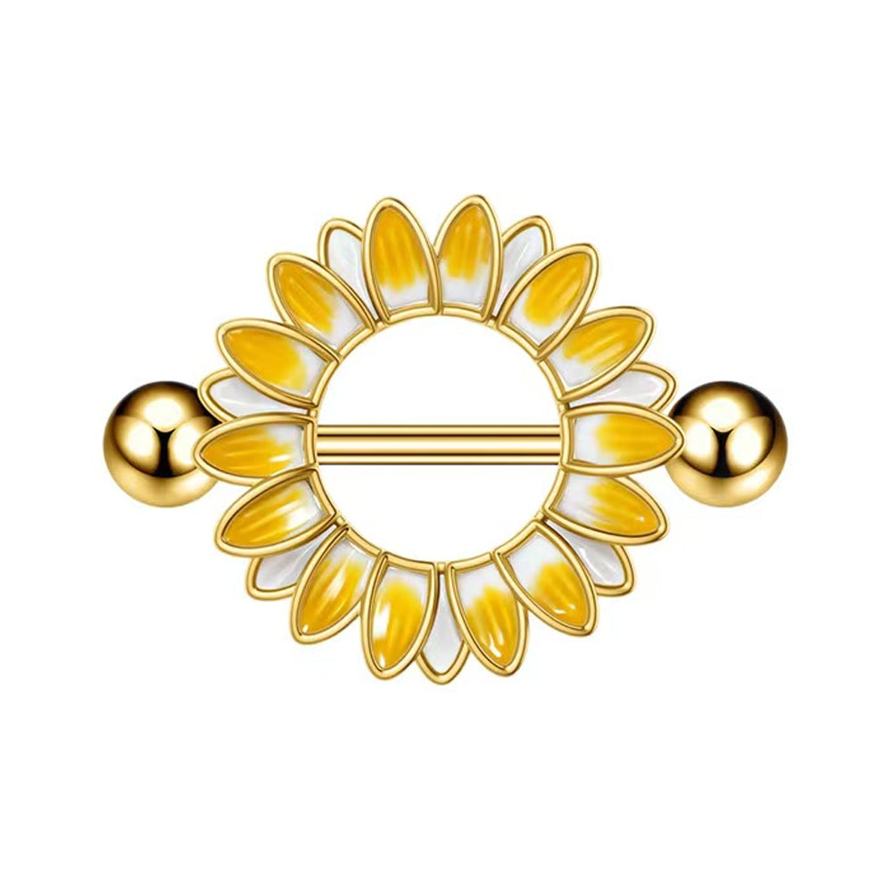 Yellow enamel sunflower nipple shield piercing with gold barbell on white background.