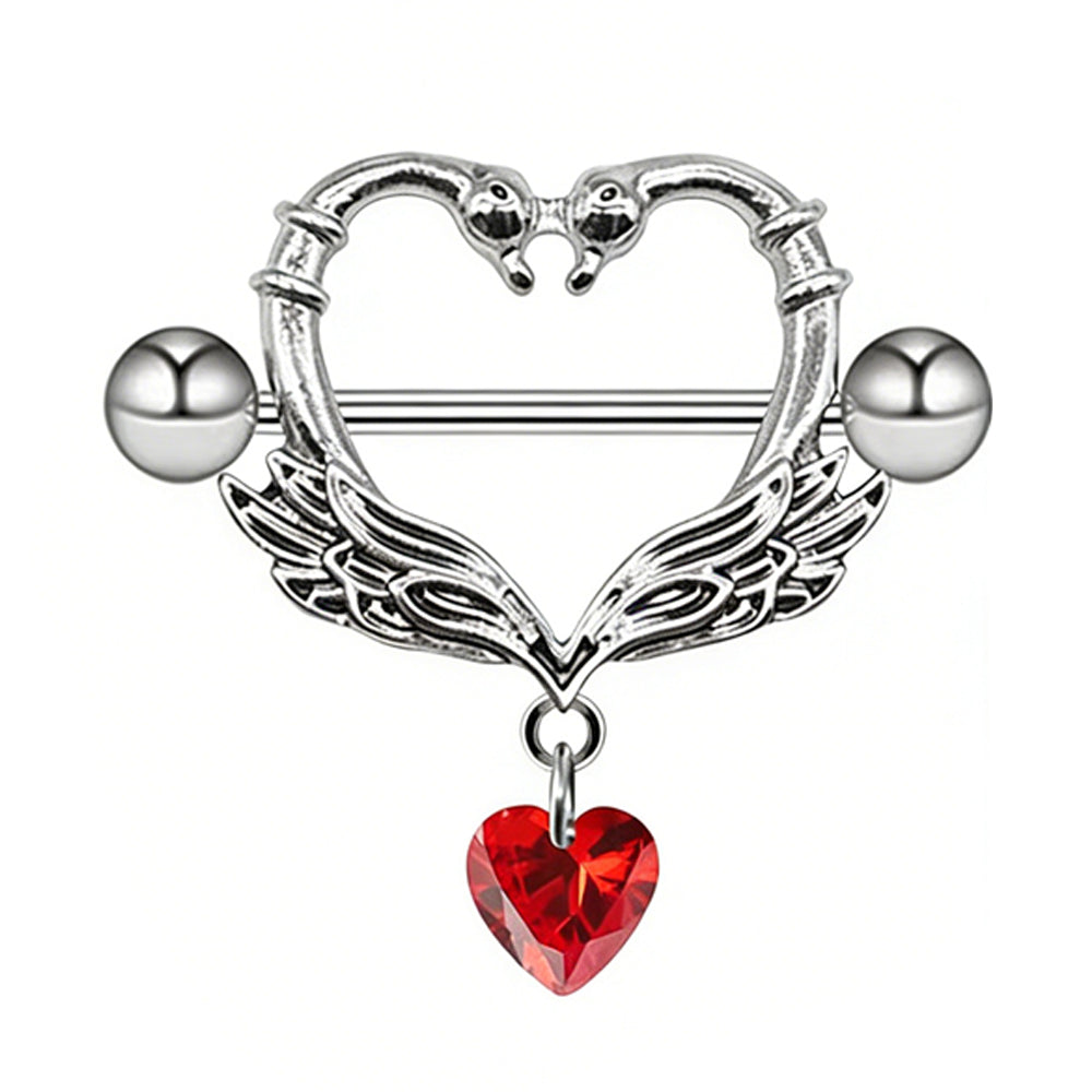 Front view of a silver swan heart nipple shield with a red crystal heart dangle.