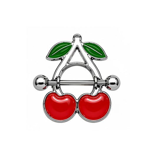 Vibrant red cherry nipple shield with green leaves on white background