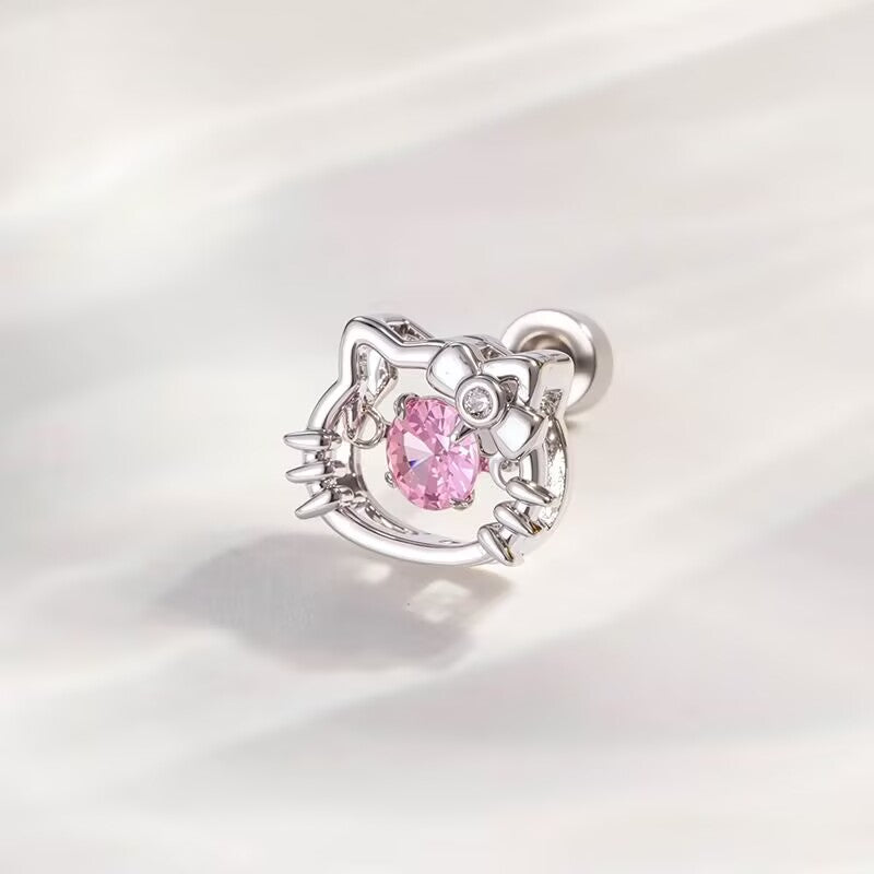 Sweet blossom pink crystal cat head screw back cartilage stud earring for ear piercing