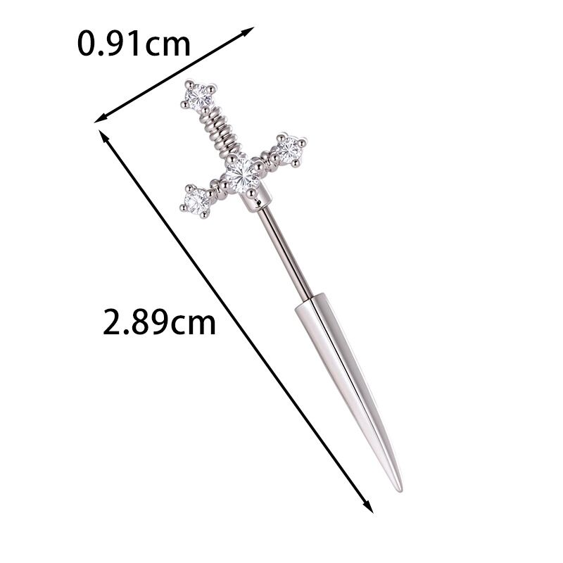 Diagram showing dimensions of the sword stud earring measuring 2.89cm in length and 0.91cm in hilt width.