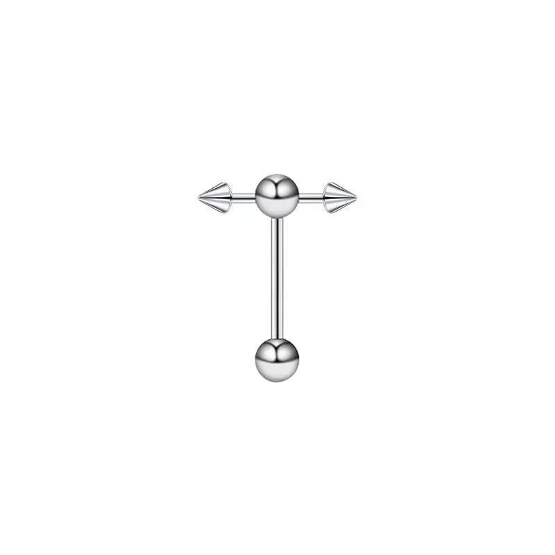 Unique T-bar cross tongue piercing barbell styled with double sharp spike ends