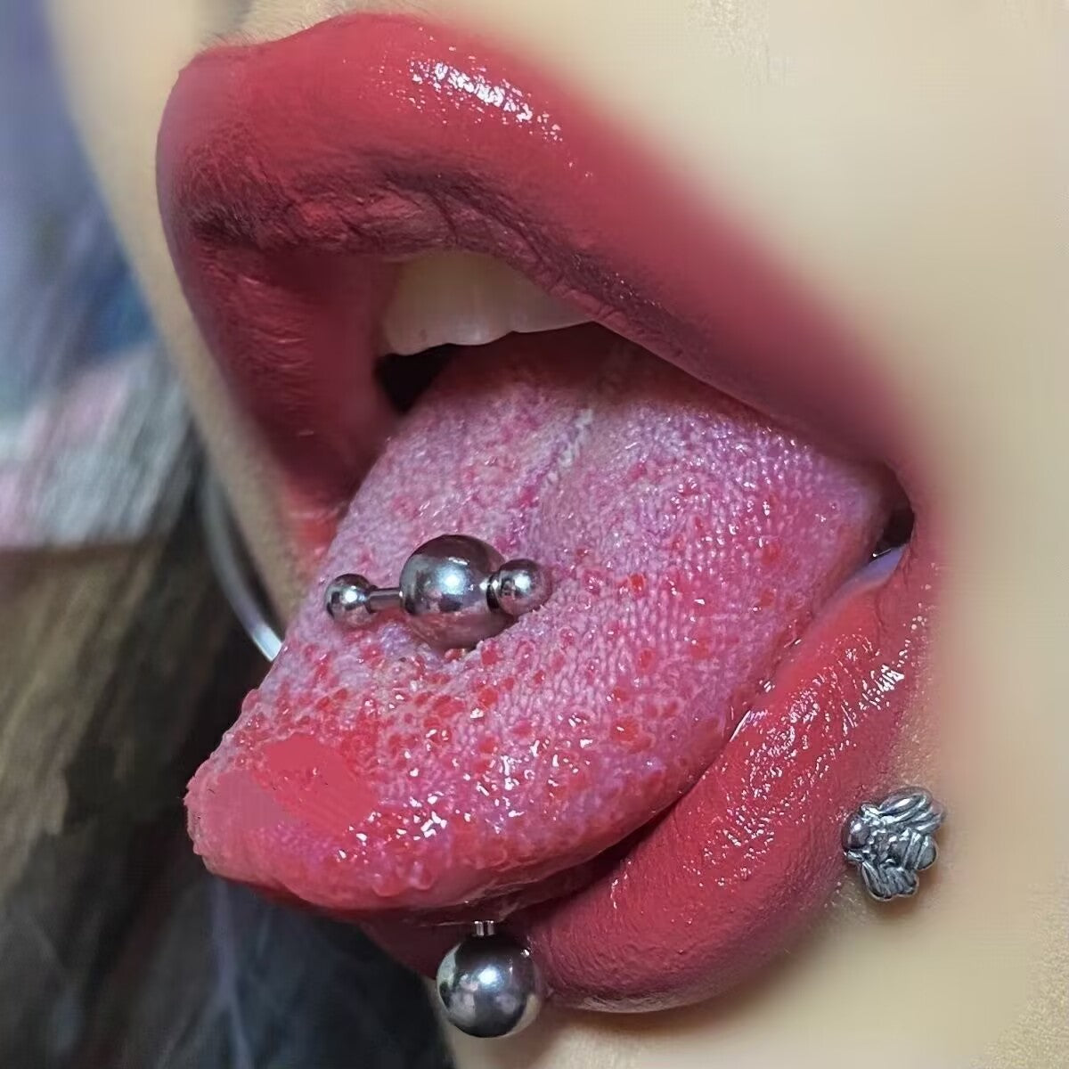 T-shape cross barbell tongue ring worn on tongue with spherical and spike ends for body piercing fashion