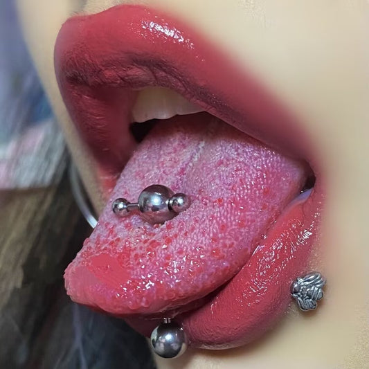 T-shape cross barbell tongue ring worn on tongue with spherical and spike ends for body piercing fashion