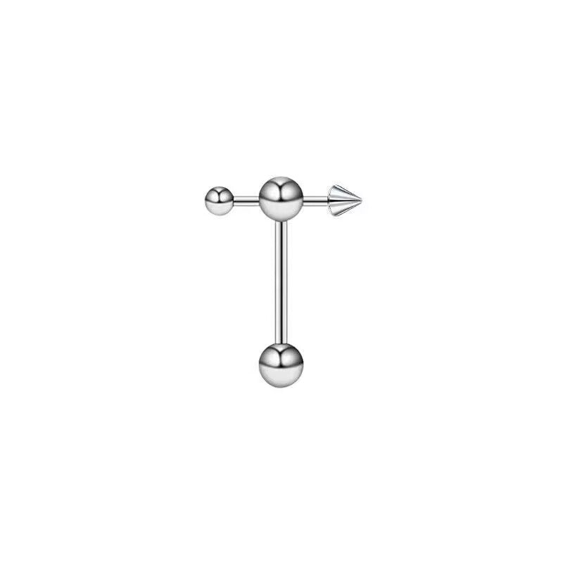 Asymmetrical T-cross barbell tongue stud design with one ball end and one cone end