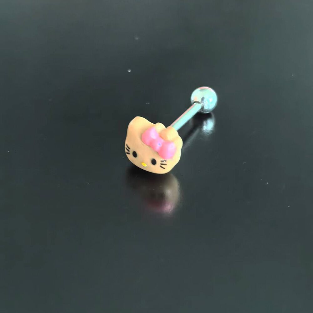 Cute tan brown kitty character top tongue barbell ring 14g for body piercing collection.