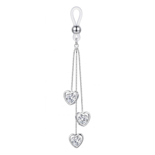 A single silver-tone non-piercing nipple ring with three heart-shaped crystal charms on hanging box chains.