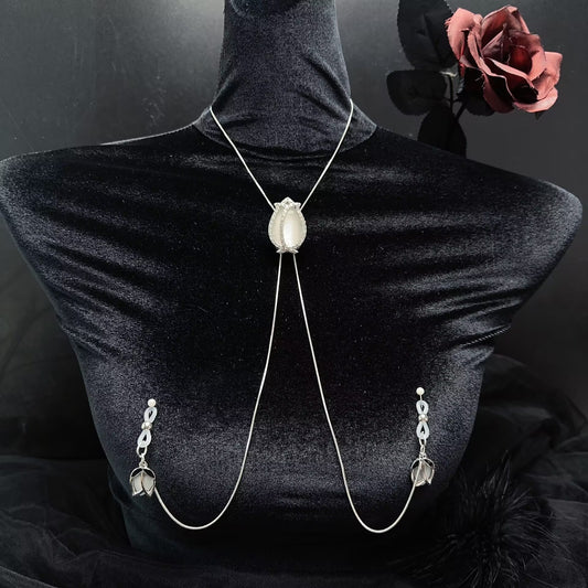 Non-pierced tulip nipple clamp body chain set displayed on a velvet mannequin for sensual lingerie styling.