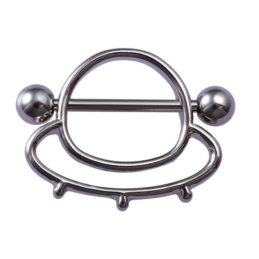 Single UFO shaped nipple shield with horizontal barbell and silver polished finish.