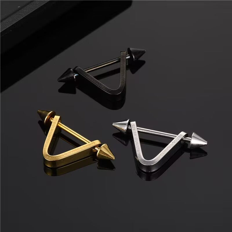 Unisex punk V-shape spike piercing jewelry displayed in silver, gold, and matte black options