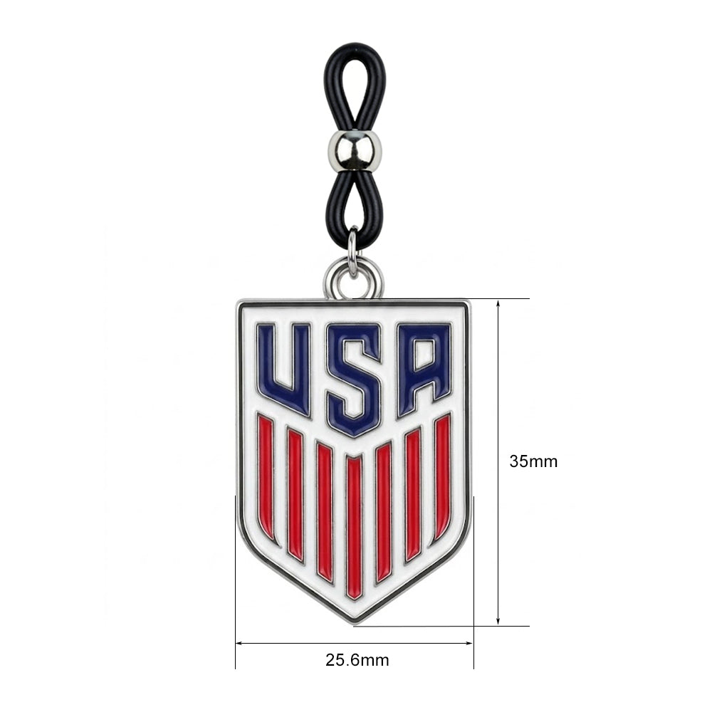 Non-piercing nipple ring featuring an adjustable black silicone loop with a silver metal bead, showcasing a red, white, and blue USA crest shield enamel pendant, body jewelry sizing chart display 35mm by 25.6mm.