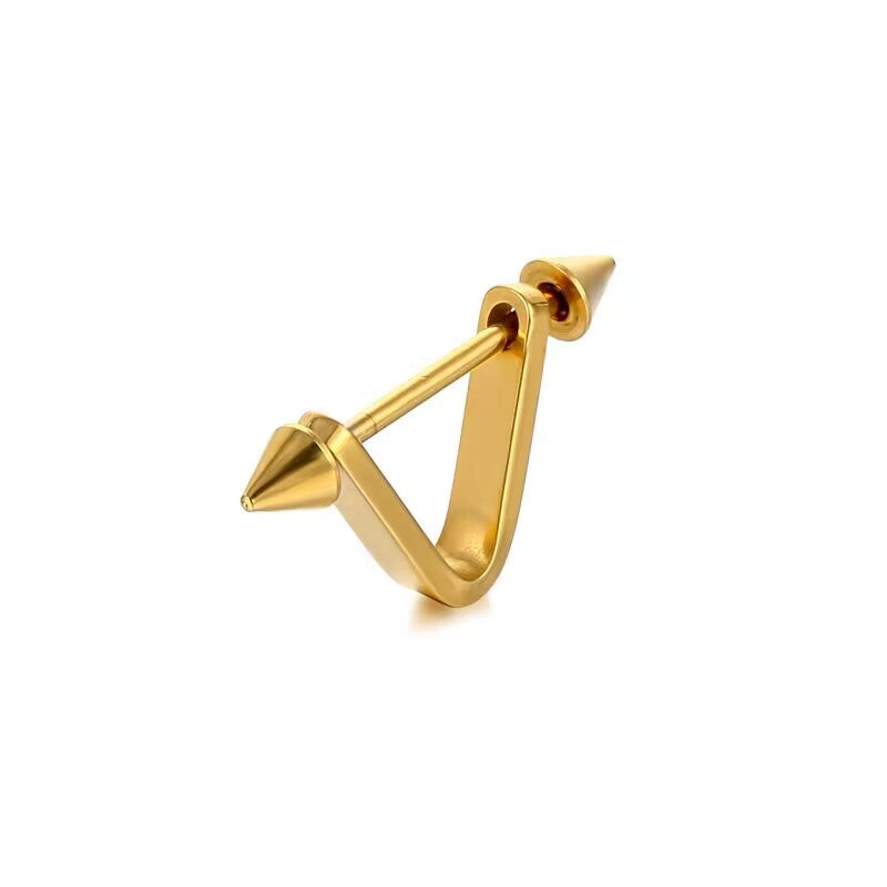 Gold V-contour cone spike stud earring designed for edgy street style and ear stack outfits