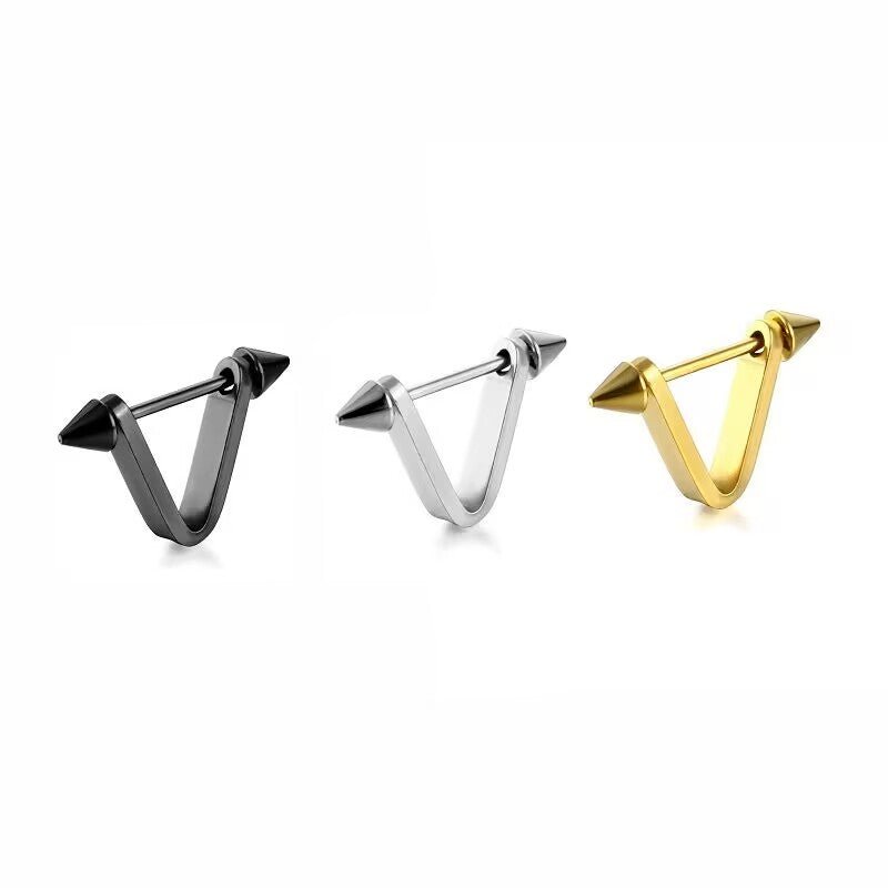 Set of V-shape cone spike stud earrings in silver, gold, and black colors for alternative fashion