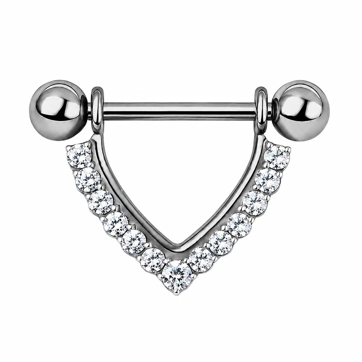 V-shape crystal nipple barbell ring featuring pave cubic zirconia drop charm on white background.