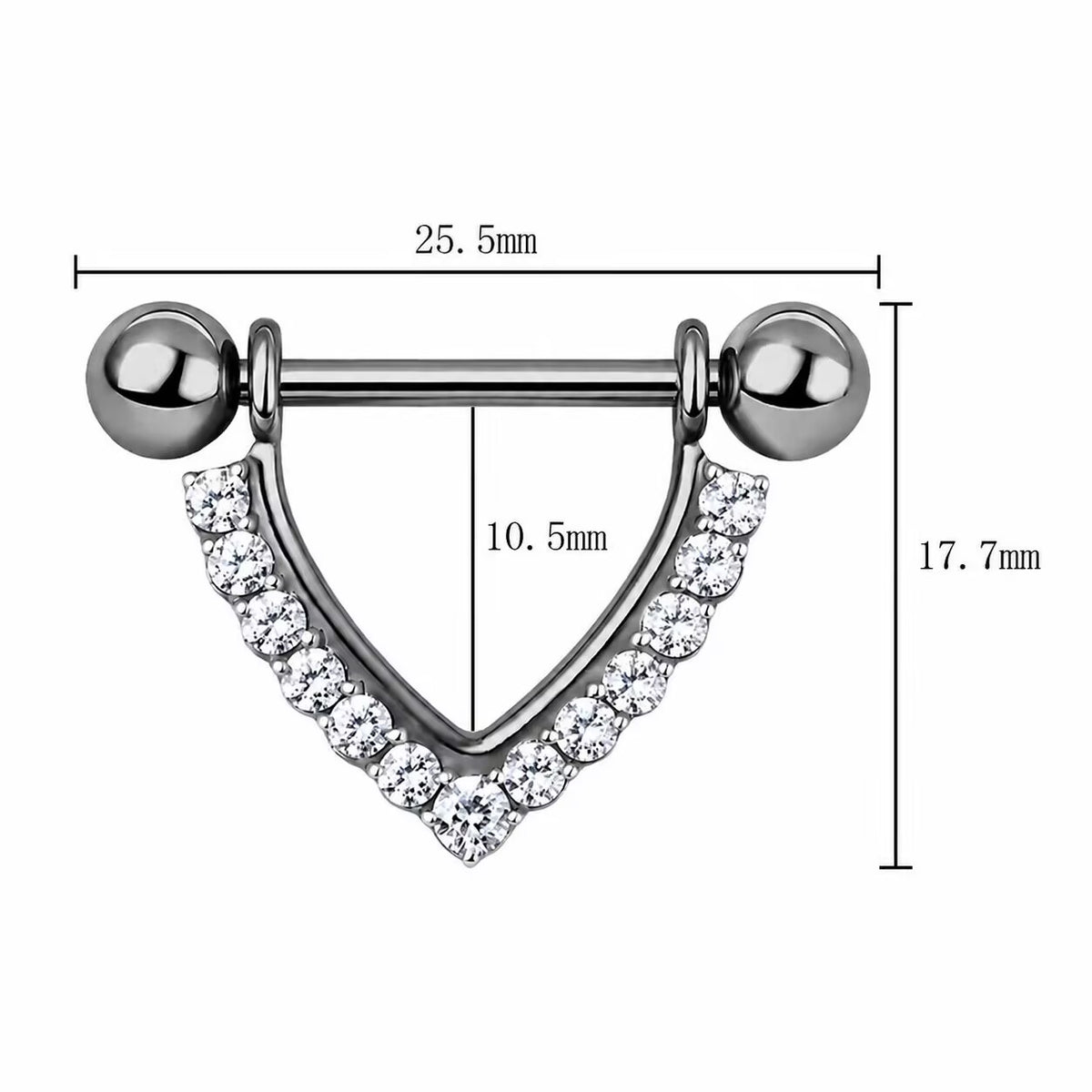 Size measurement chart for V-shape pave CZ crystal nipple barbell ring showing 25.5mm width and 10.5mm height.