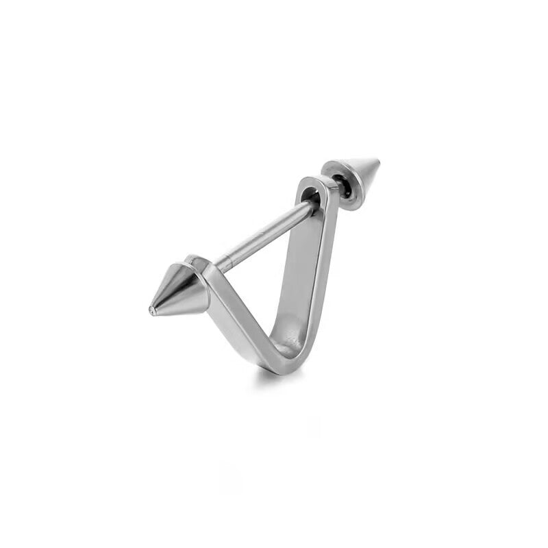 Silver V-shape spike stud earring with dual cone ends for punk and cartilage piercing lovers