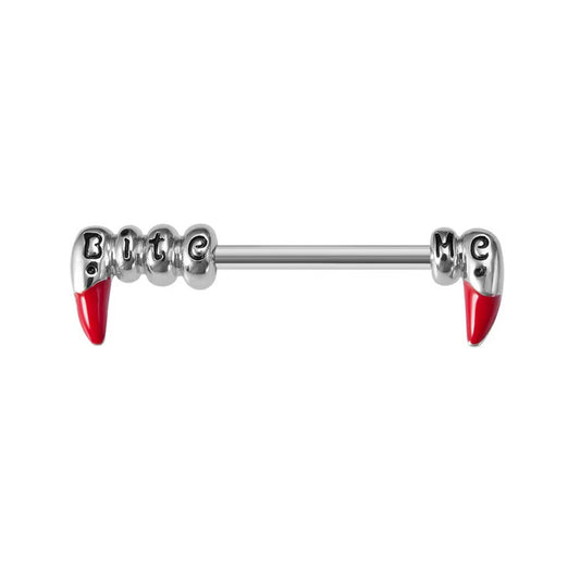 Vampire fangs nipple ring barbell featuring Bite Me text and dripping red accents.