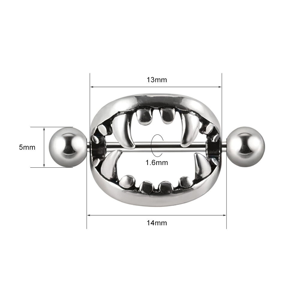 Silver vampire fangs nipple shield barbell pair with monster teeth design for gothic body jewelry style.