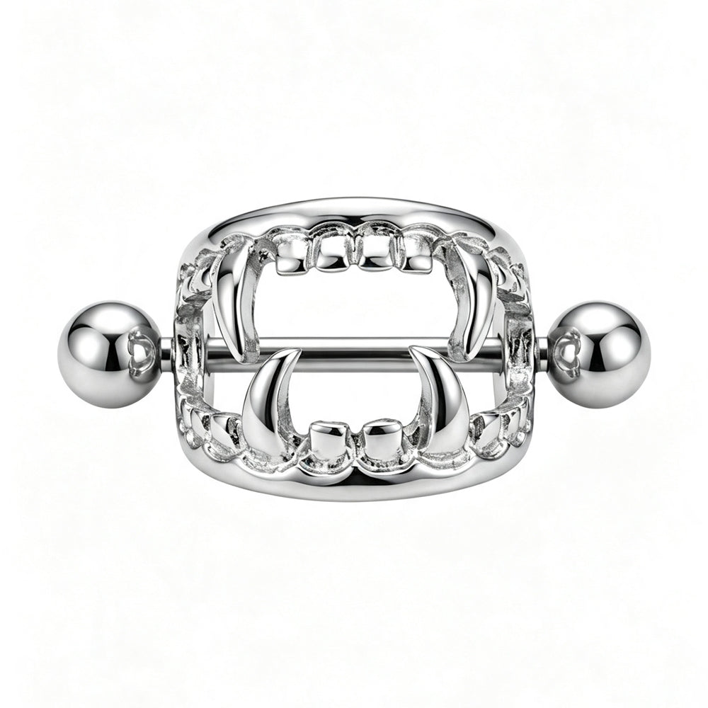 Silver vampire fangs nipple shield ring featuring 14G barbell and 16mm inner diameter gothic design.