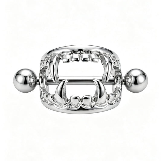 Silver vampire fangs nipple shield ring featuring 14G barbell and 16mm inner diameter gothic design.