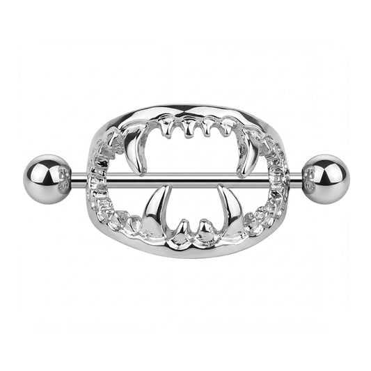 Front view of silver vampire fangs nipple shield on white background.