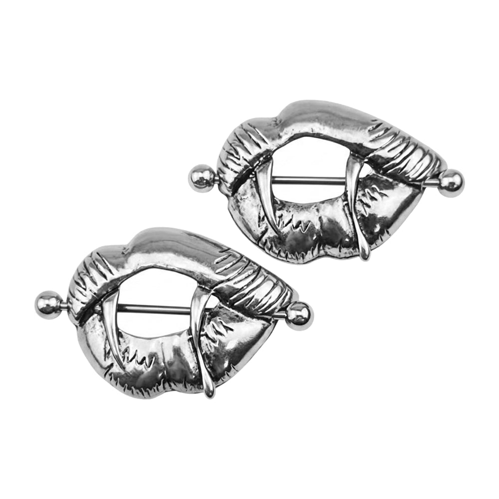 A pair of gothic vampire lip and sharp fangs nipple shields alternative body piercing jewelry sold as a pair.