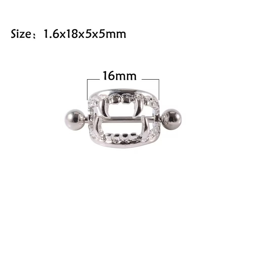 Size dimensions guide for 14G 18mm vampire fang nipple barbell with 16mm shield width.