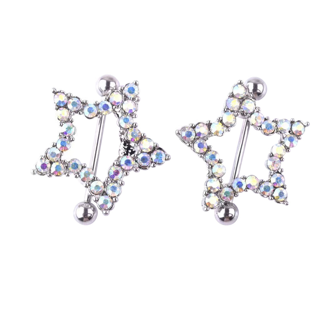 Front view of two vertical star nipple shields with rainbow crystals, perfect for a celestial aesthetic look.