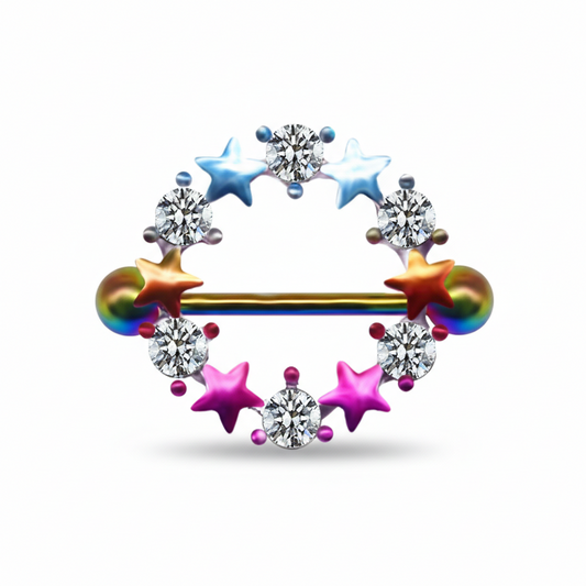 High-definition front view of a vibrant gradient star nipple shield with sparkling crystal studs.