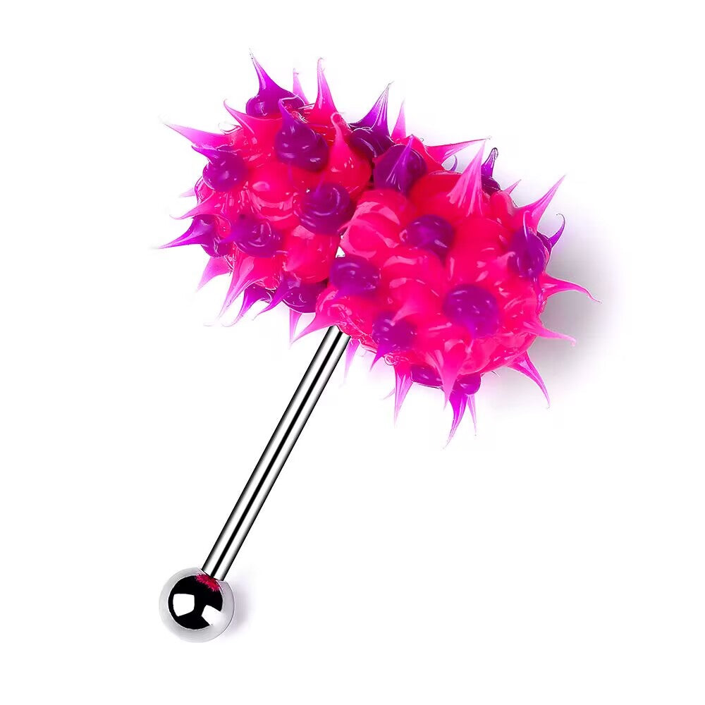 A medical-grade stainless steel tongue ring barbell with a vibrating spiked ball on top. The top spike is a blend of vibrant pink and purple silicone. The bottom features a polished steel ball. The entire 14G, 16mm piercing is isolated on a white background.