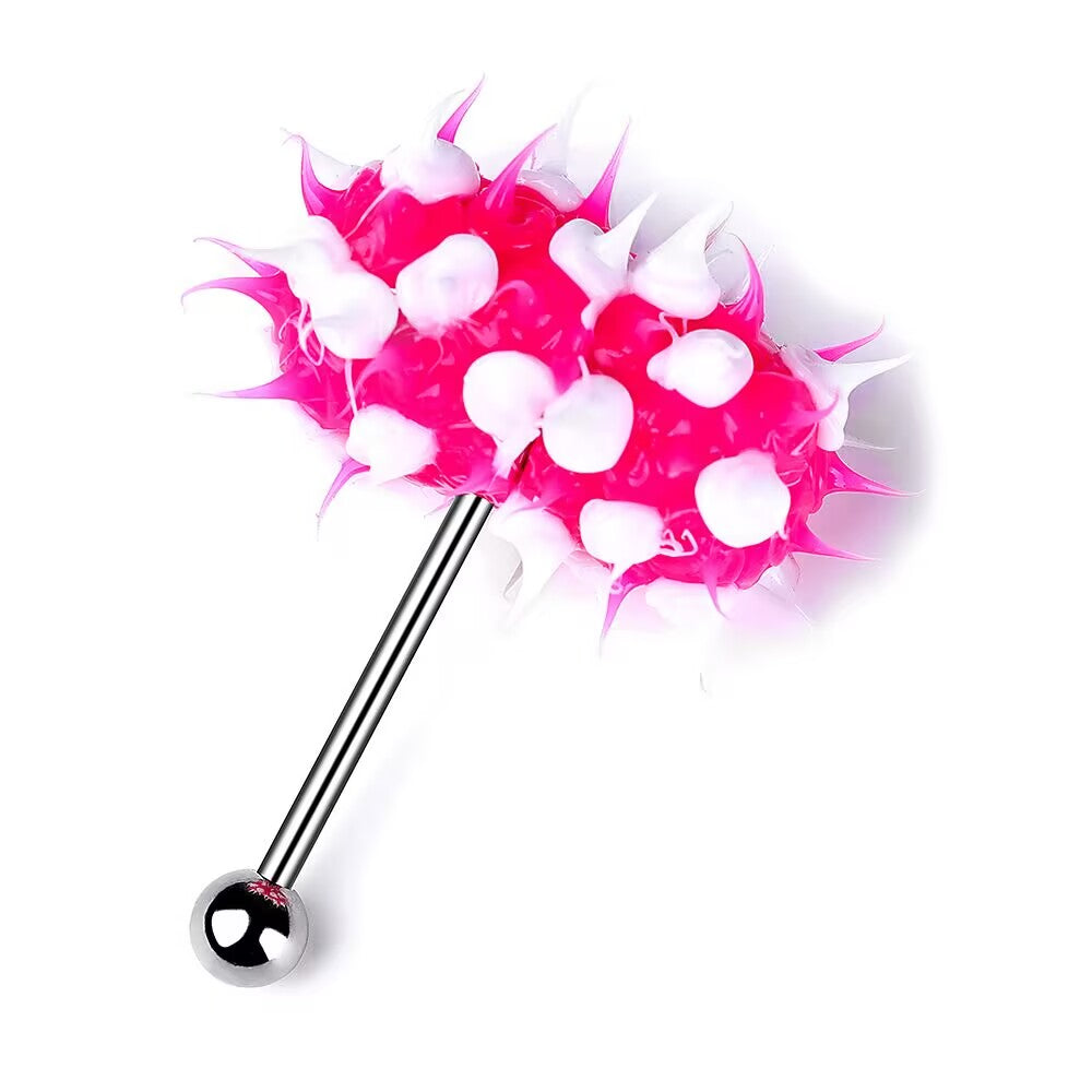 A single vibrating tongue piercing barbell featuring a medical-grade stainless steel shaft, a bottom steel ball, and a top pink and white silicone spiked ball. This 14G, 16mm barbell is shown on a pure white background at an angle.
