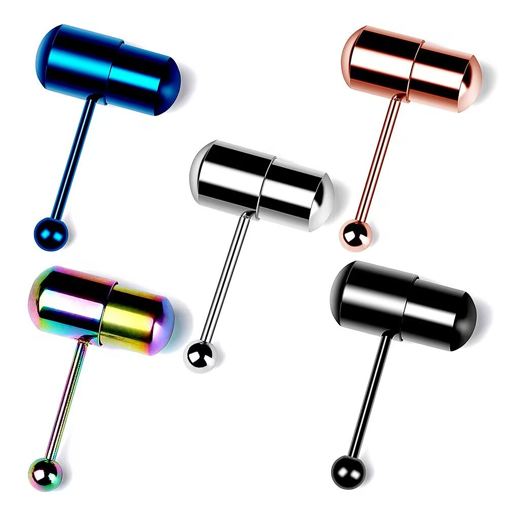 Multi-color vibrating tongue ring barbell set with sleek capsule tops in blue, rainbow, silver, black, and rose gold.