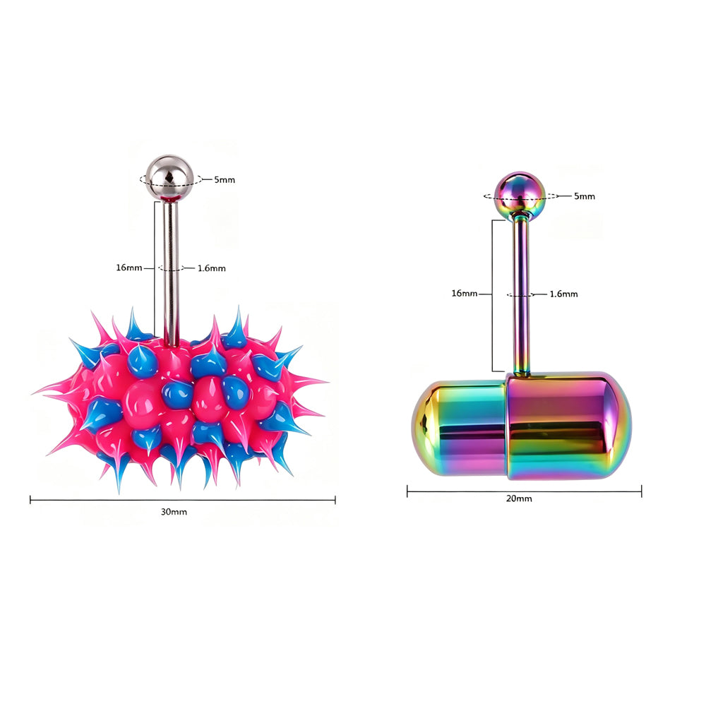 Size specification diagram for vibrating tongue rings showing 16mm bar length, 1.6mm bar gauge, and 5mm top ball with spiked capsule and rainbow pill options.