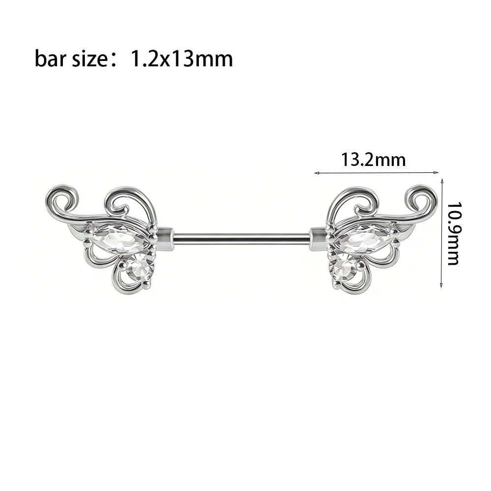Detailed size chart for marquise crystal nipple barbell showing 13mm bar length.