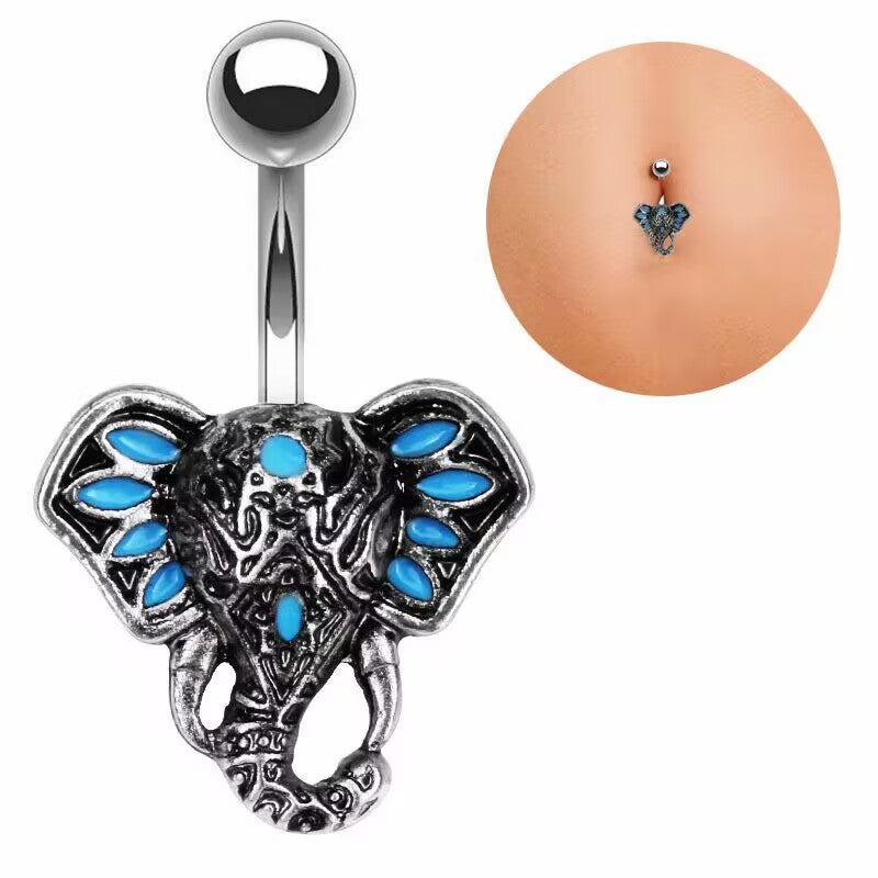 Vintage elephant belly button ring with turquoise blue accents on navel display, 14G boho piercing jewelry