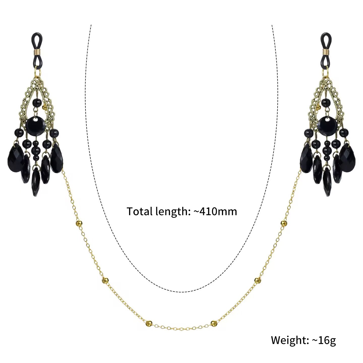 Vintage gothic black bead body chain featuring antique gold hardware and flexible rubber loops.