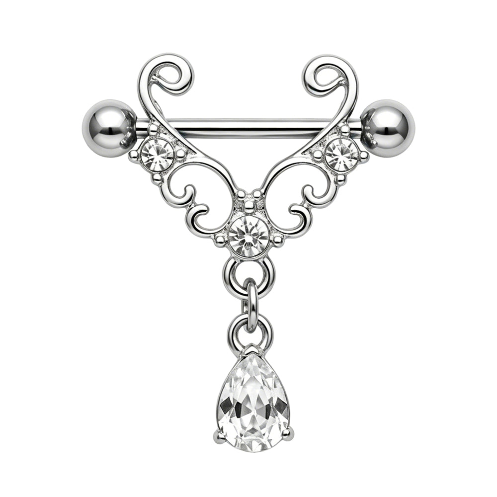 Front view of a silver V-shaped gothic nipple shield with three round crystals and a dangling pear-shaped clear teardrop rhinestone on a pure white background.