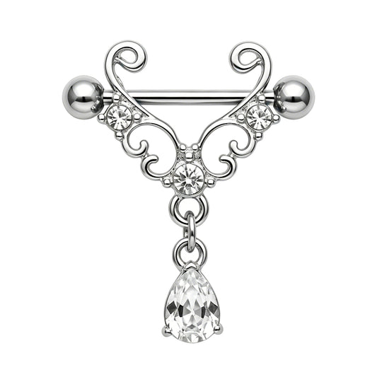 Front view of a silver V-shaped gothic nipple shield with three round crystals and a dangling pear-shaped clear teardrop rhinestone on a pure white background.