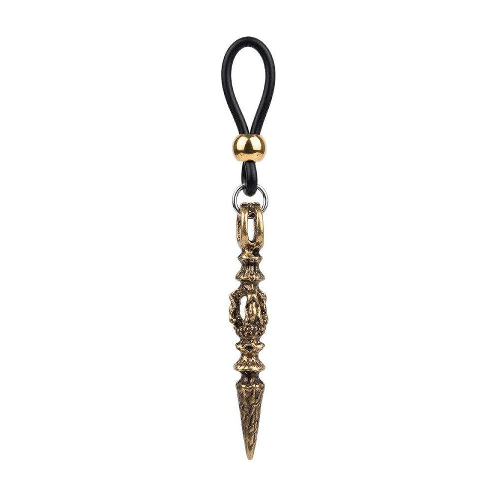 Detailed shot of a Gothic non-piercing nipple loop from the matching pair, featuring an antique bronze Vajra pendant and adjustable black silicone loop with a gold bead, isolated on a white background.