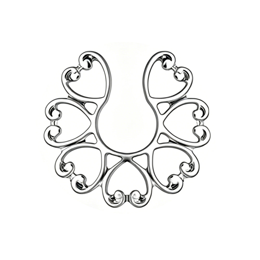 Sleek silver non-pierced nipple shield featuring an intricate vintage heart filigree lace design on a pure white background.