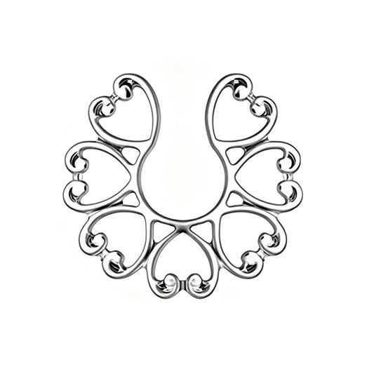 Sleek silver non-pierced nipple shield featuring an intricate vintage heart filigree lace design on a pure white background.