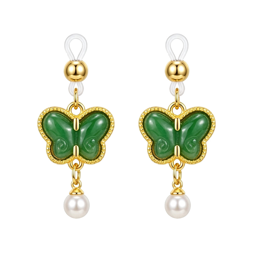 Pair of adjustable non-pierced butterfly nipple rings with clear silicone loops and pearl charms.