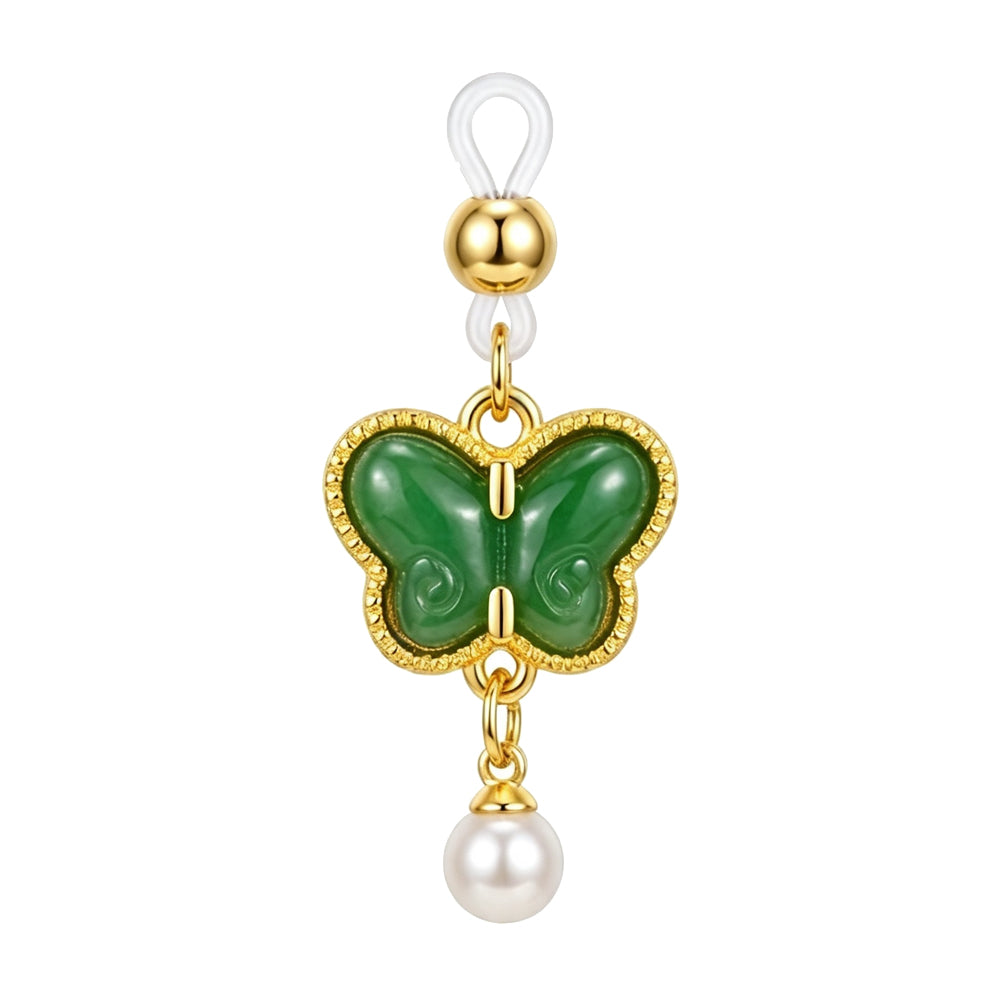 Single non-pierced nipple clamp featuring a green jade-style butterfly with gold trim and a dangling pearl pendant.