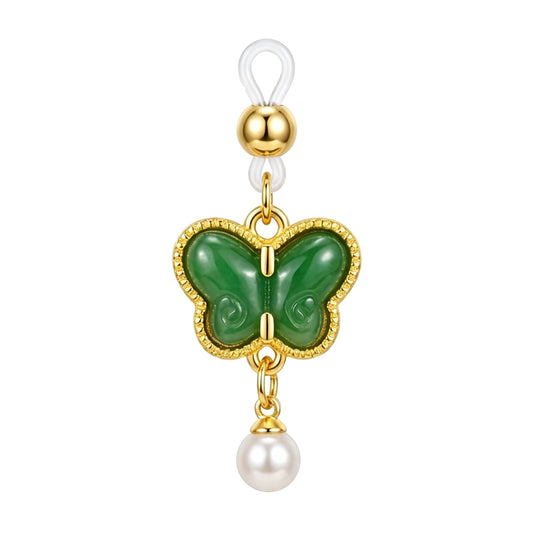 Single non-pierced nipple clamp featuring a green jade-style butterfly with gold trim and a dangling pearl pendant.