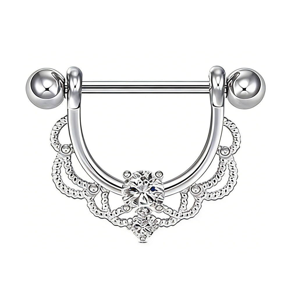 Silver lace nipple shield with a clear round center stone.