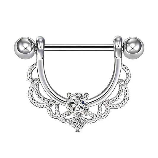 Silver lace nipple shield with a clear round center stone.