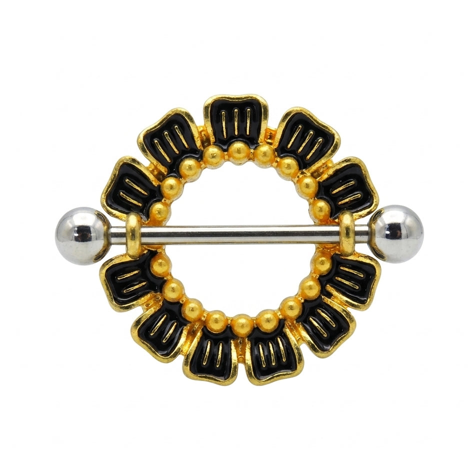A single gold and black mandala-style nipple shield with a straight barbell on a pure white background.